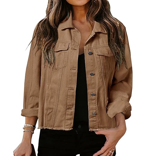 LONGBIDA Women's Jean Jacket Frayed Washed Button Up Cropped Denim Jacket With Pockets