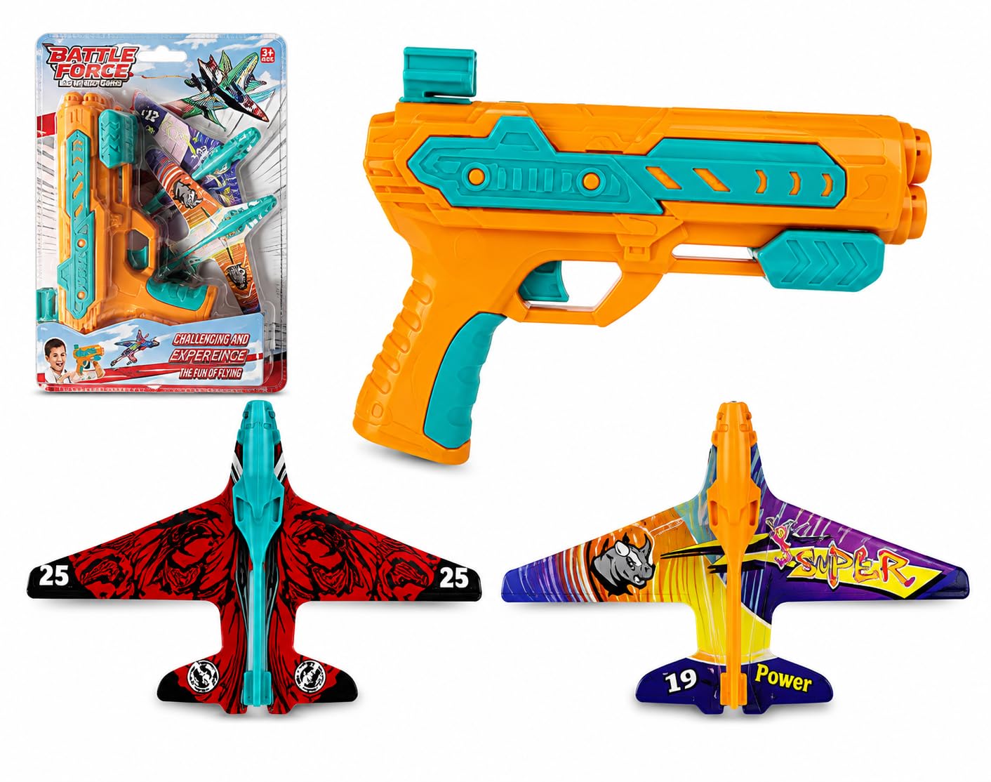 SRV Hub 3Pcs Foam Airplane Launcher Toy with Catapult Orange Gun – Glider Planes – Hand Throw & Shoot Flying Toy for Kids – Outdoor & Indoor Plane Games for Boys & Girls Age 3-12