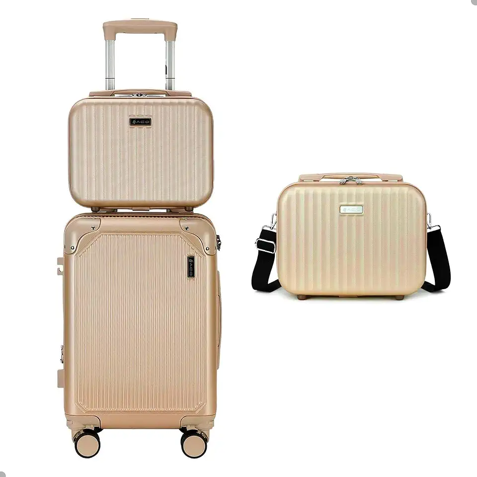 Kit Conjunto Mala e Frasqueira Necessaire de Bordo para Viagem 10Kg, Rodinha Dupla 360°, Cadeado TSA, Rígida, Expansiva e Reforçada, Ideal para Avião (Champagne)
