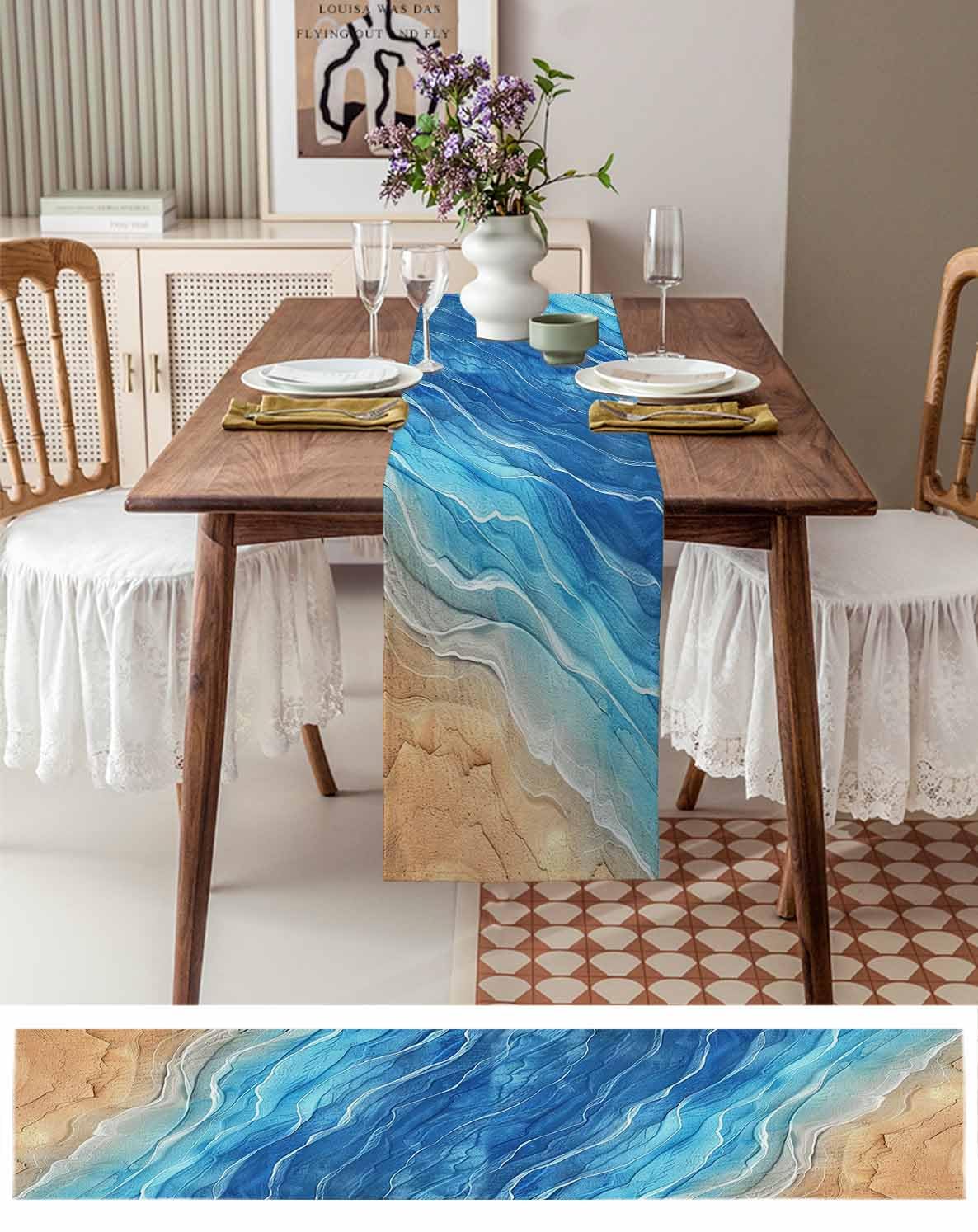 Camino De Mesa Verano Con Diseño Océano - Estrella De Mar Y Coral Azul - 13x70 Pulgadas - Algodón Y Lino Decorativo