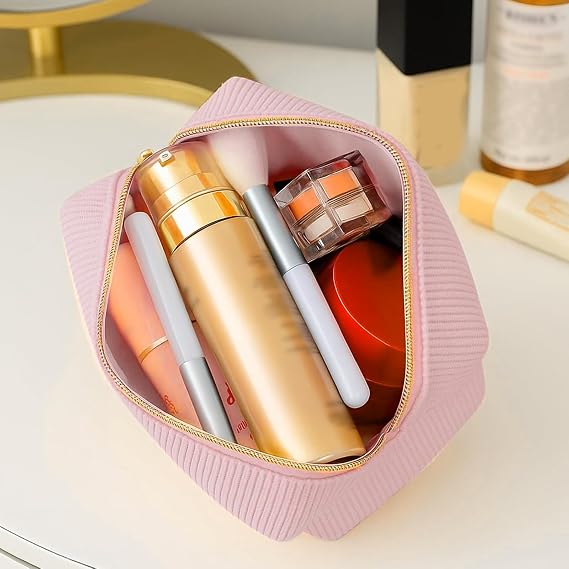 Corduroy Makeup Bag Small Cosmetic Pouch for Handbag (Pink)
