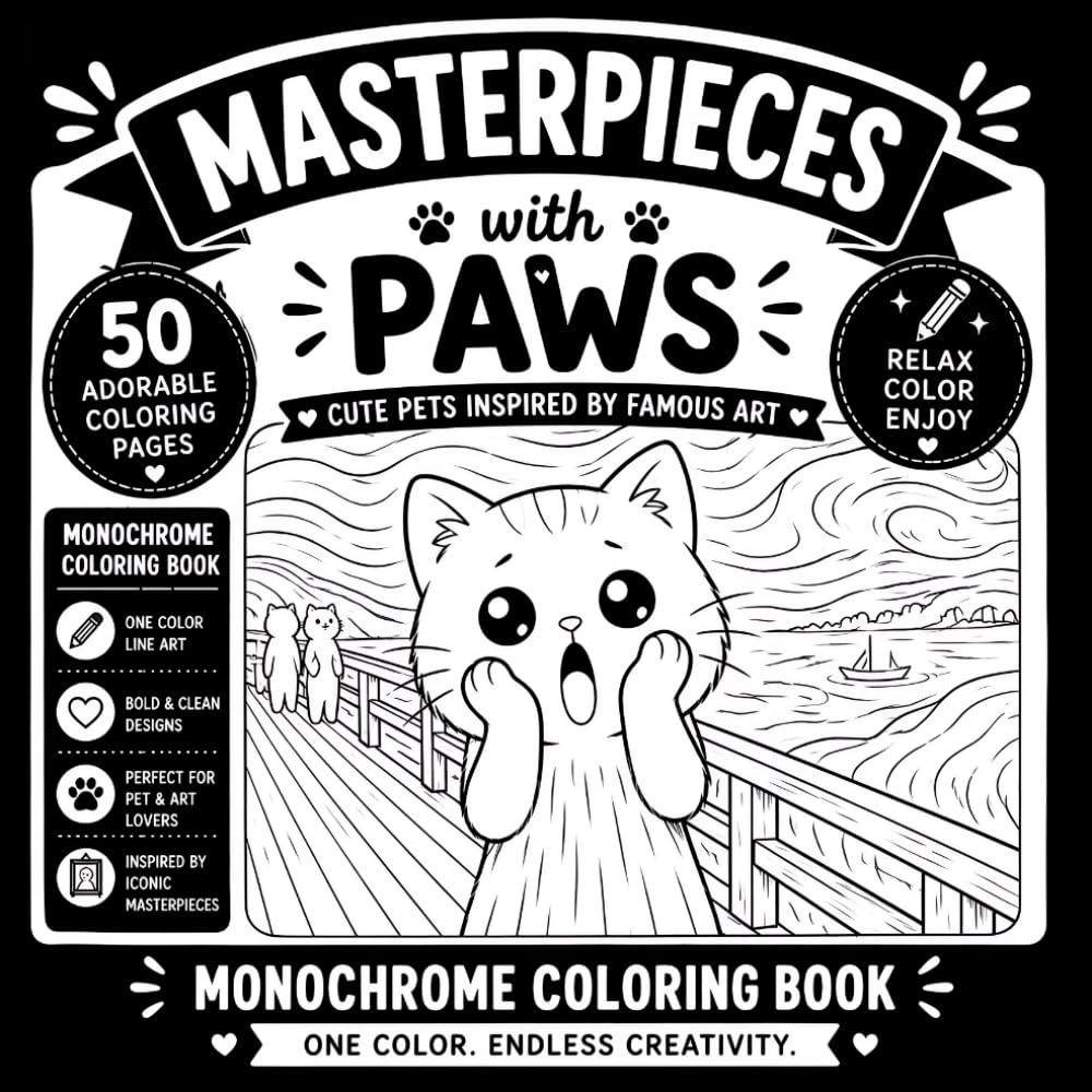 Monochrome Masterpieces Coloring Book: Cute Pets Inspired by Famous Art | One Color Coloring Book for Relaxation and Creativity
