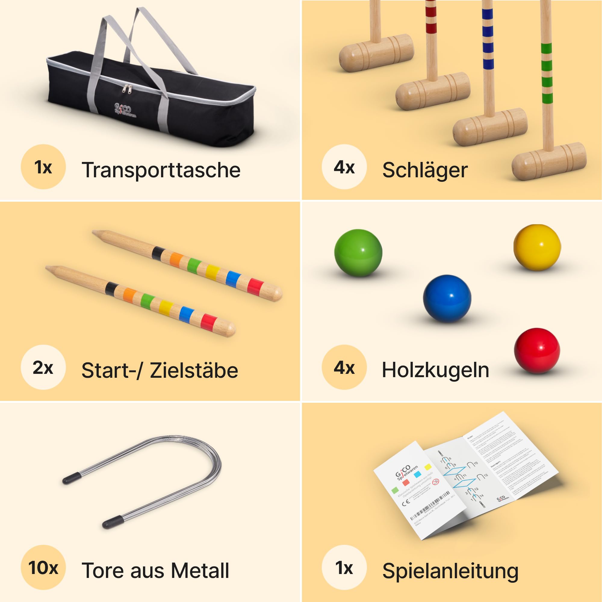 GICO Hochwertiges Krocketspiel für 4 Spieler in Transporttasche -Schlägerlänge 80 cm -EU Qualität- 3224