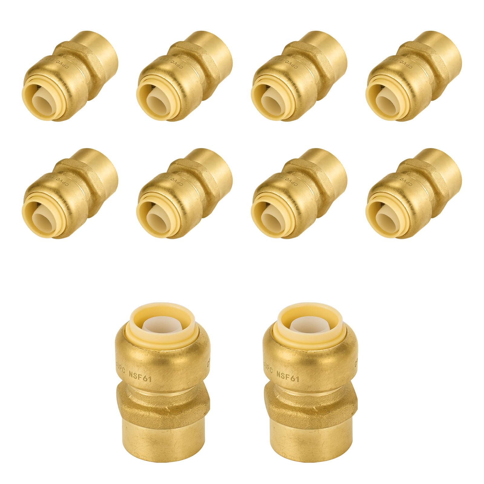 10 szt. złączek mosiężnych Foskan 1/2" Push-to-connect x 1/2" z gwintem wewnętrznym, do łączenia rur PEX, miedzianych, C, PE-RT, z zaciskiem rozłączającym do napraw hydraulicznych (PTC x FNPT)