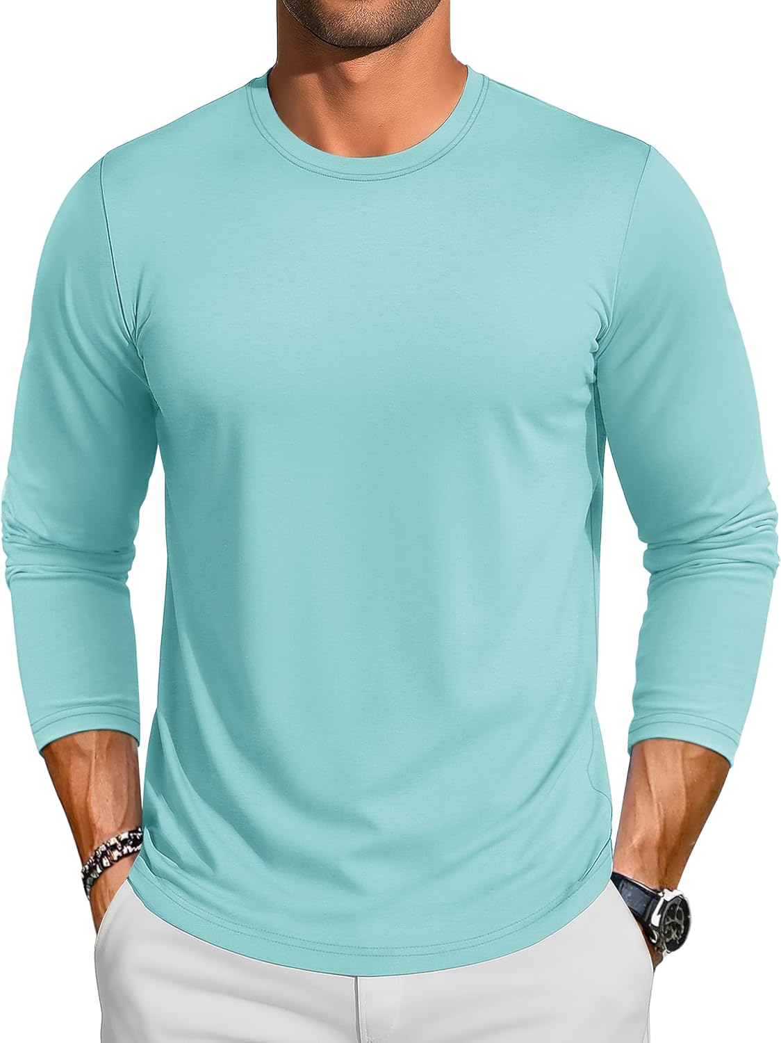 TACVASEN Long Sleeve Shirts for Men Cotton Soft Crew-Neck Moisture Wicking Mens Undershirt Comfort Solid Basic T Shirt