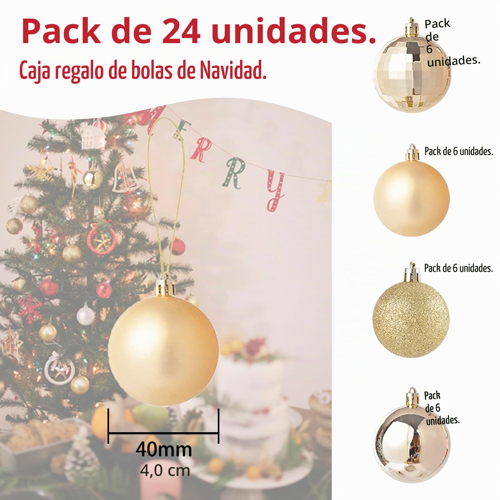 24 Bolas de Navidad 4cm - Decoración navideña de plástico, Rojo, Plata, Oro - Adornos para árboles de Navidad