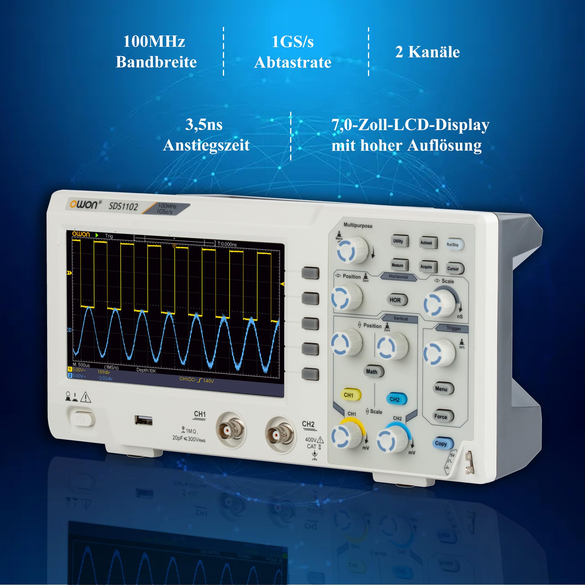 SDS1102 OWON - Oscilloscopio portatile da scrivania, 100 MHz, a due canali | Schermo a colori da 7" con frequenza di campionamento 1GSa/s