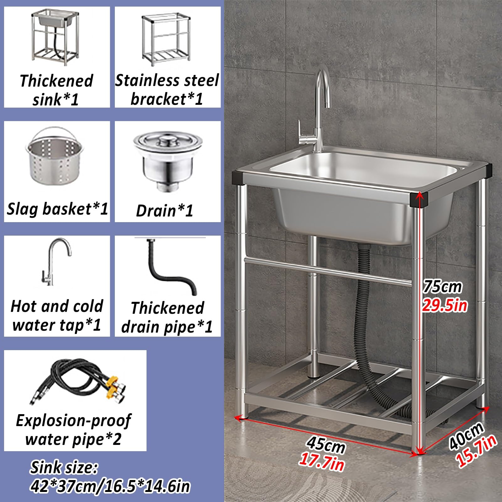 Evier Inox 1 Bac, Évier De Jardin Extérieur Portable, Avec Chaud/Froid Robinet Et Support, Pour Cuisines, Jardin, Garage, Waschküche(45 * 40cm/17.7 * 15.7in)