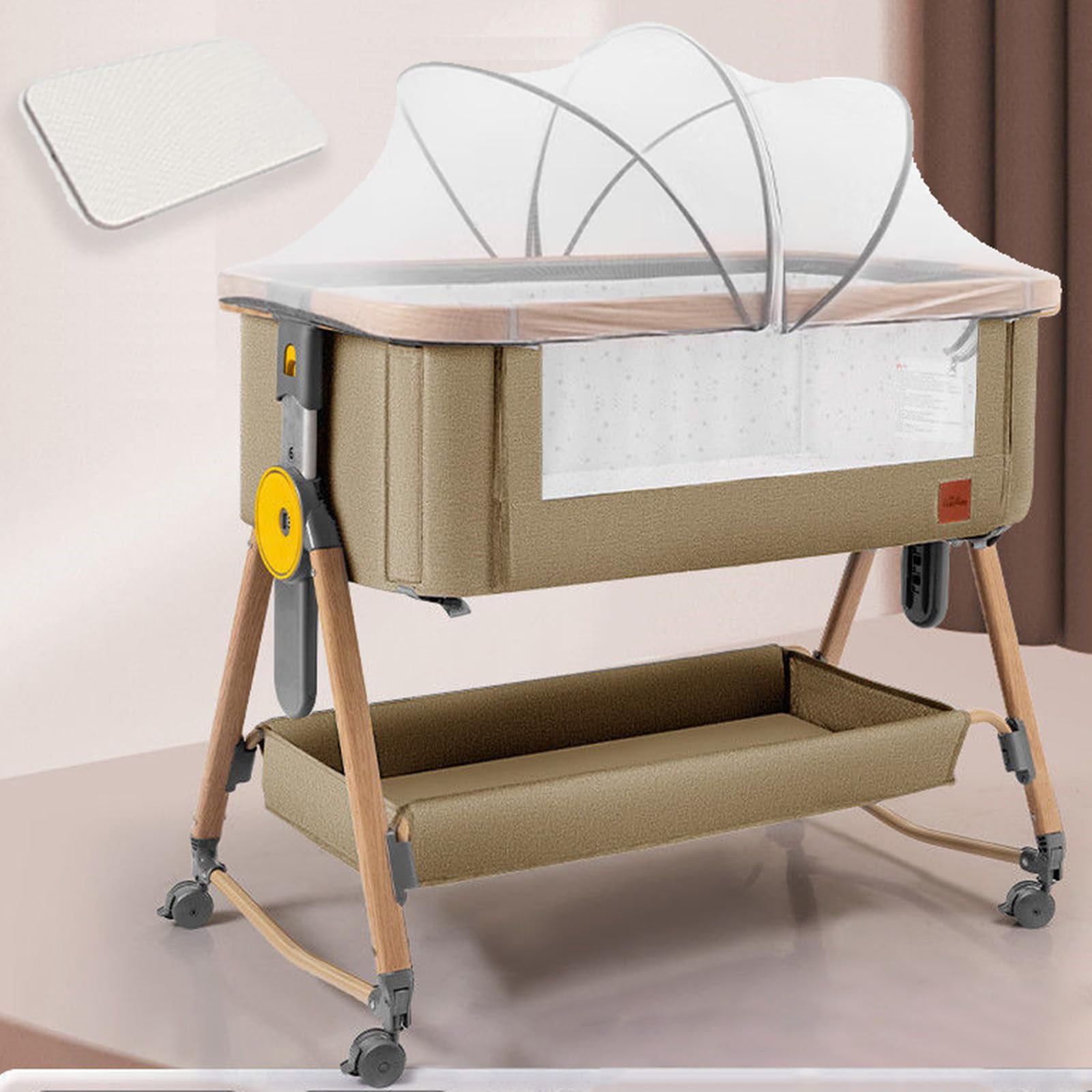 【TTQK】Baby Bedside Crib, Baby Bassinet With Storage Basket, Folding Newborn Bedside Sleeper, Portable Infant Travel Crib W/Side Mesh, Adjustable Height, Soft Mattress 360° Swivel Wheels (Khaki)