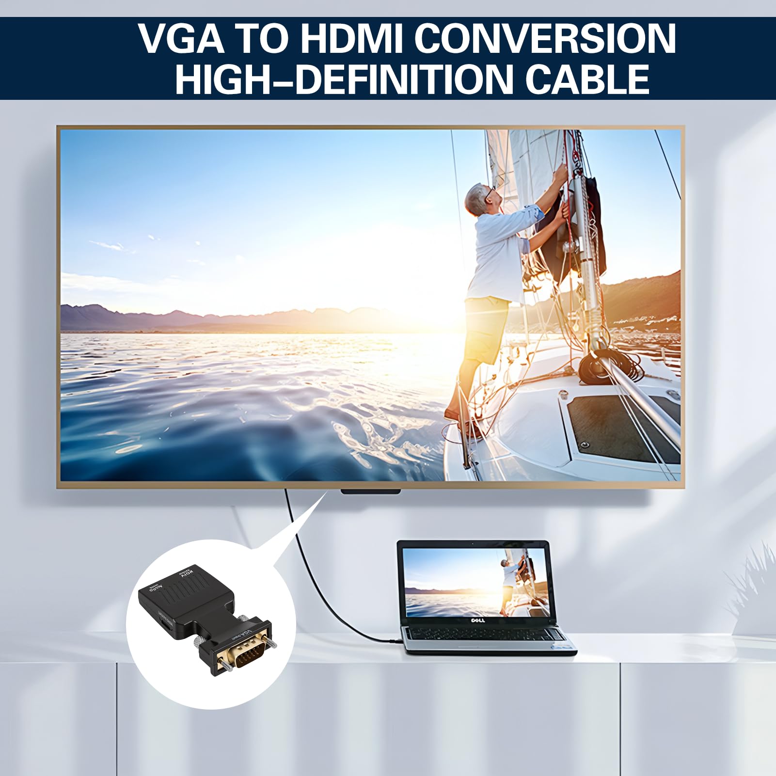Adaptateur VGA vers HDMI avec Audio, 1080P Convertisseur VGA Mâle vers HDMI Femelle avec Jack 3.5 mm et Câble d'Alimentation USB, Unidirectionnel pour PC, Ordinateur Portable, TV, Moniteur, Projecteur