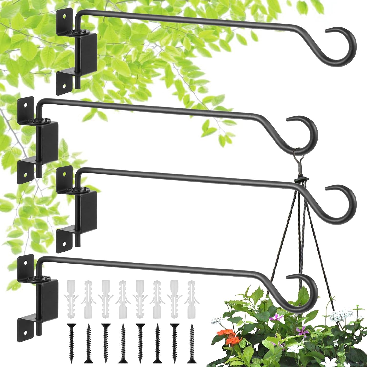 MAQUITA 4 Pack Swivel Plant Hangers Outdoor Heavy Duty - Black Iron Plant Hanging Hook Bracket for Flowers Baskets Pots Bird Feeder Lanterns Wind Chimes (16 inch)