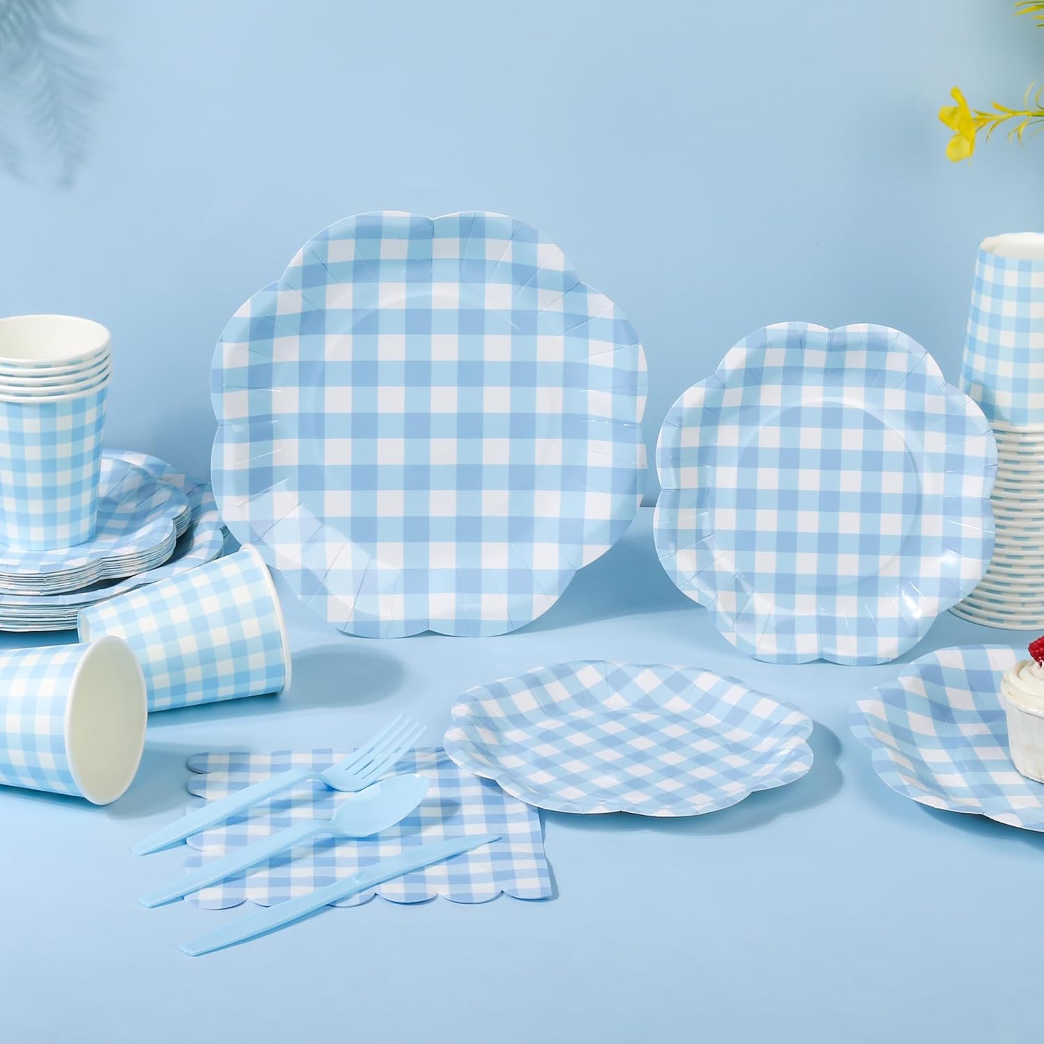 400 Pcs Gingham Party Supplies for 50 Guests Blue and White Scalloped Paper Plates and Napkins Knives Spoons Forks Cups Disposable Checkered Dinner Party Set for BBQ Baby Shower Wedding