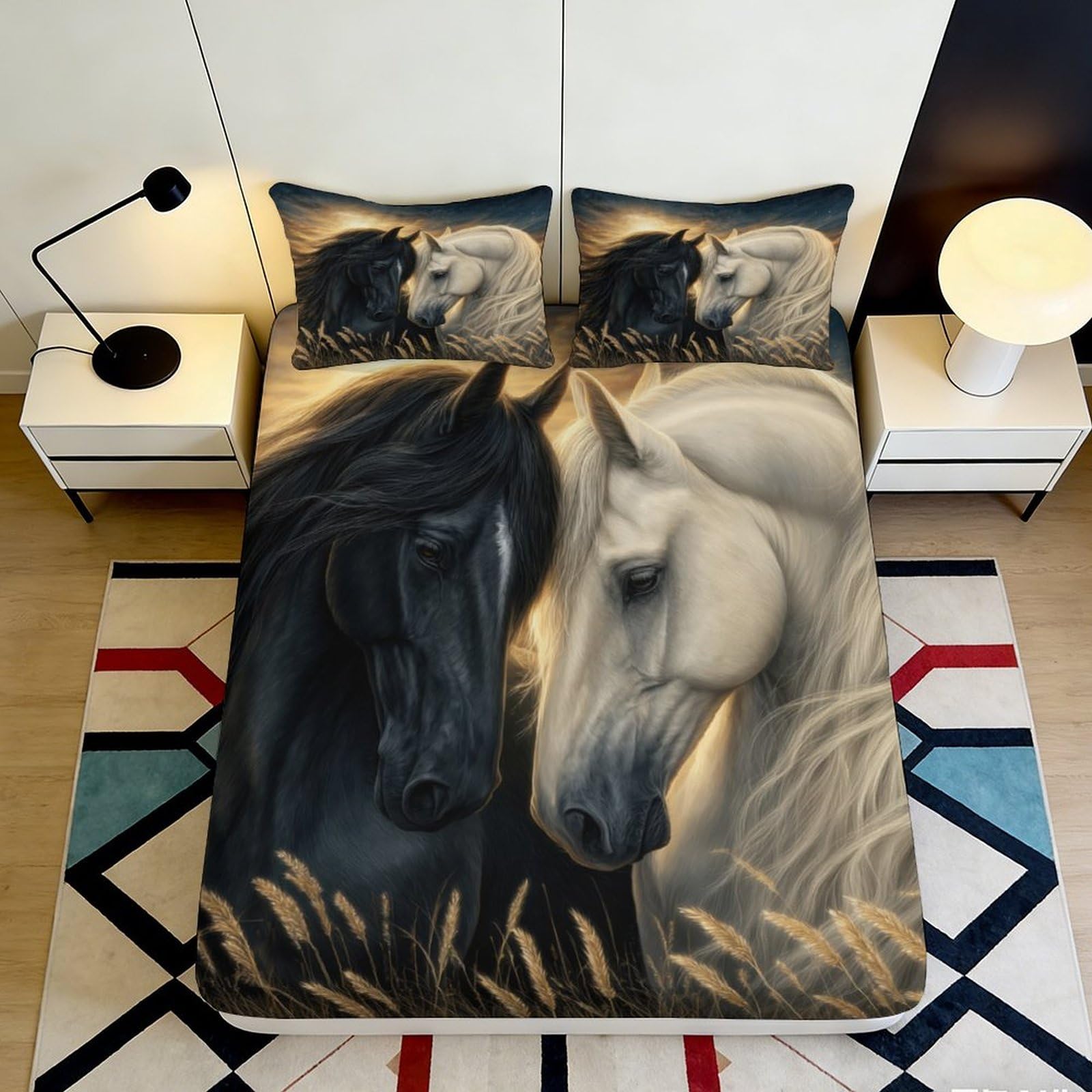 Jqzkxnhpbr Style-2 3D Printed Black Horse Fitted Sheet Microfiber Soft Breathable White Horse Mattress Cover Bedroom Decor 90X200x25cm