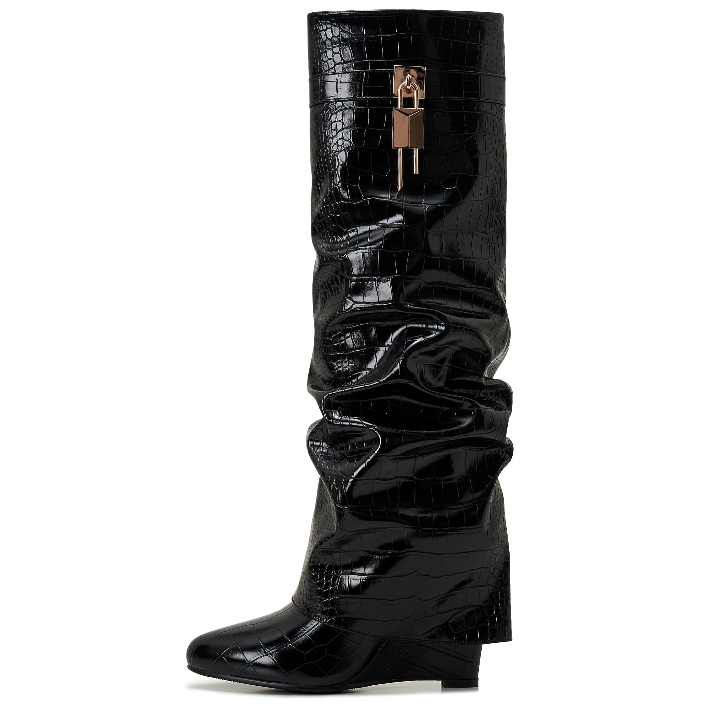 Women's Fold Over Knee High Shark Boots Wedge Heel Side Zipper