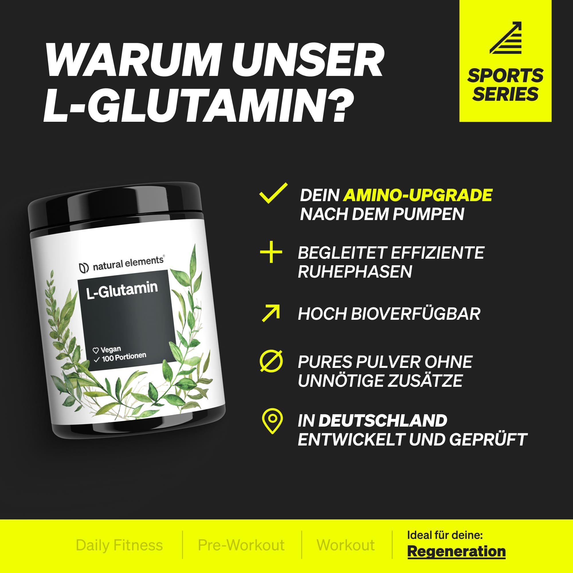 natural elements L-Glutamin Pulver – 500g – reines L-Glutamin – geschmacksneutral – vegan, hochdosiert, ohne Zusätze – in Deutschland entwickelt