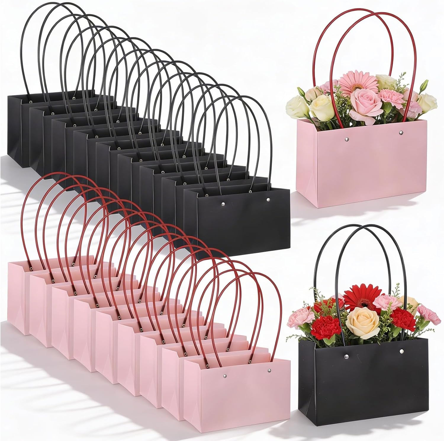 Leooomap 20 Pack Flower Bags with Handles, Ultra Thick Paper Bouquet Gift Bags Box, Waterproof Lining Floral Arrangement Carrier Tote for Party Favor, Wedding, Packaging (10 Black, 10 Pink)