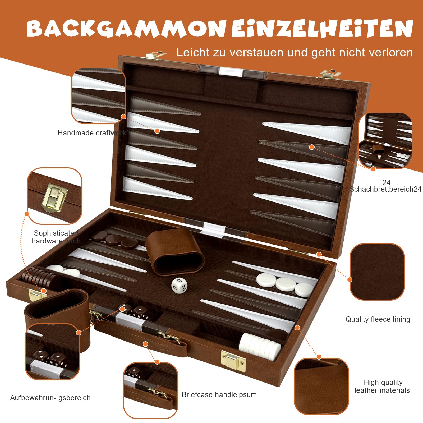 Backgammon Set, 15" Klassisches Backgammon Koffer, 2 Spieler Brettspiel Tragbares Reise Strategie Spiel Set für Erwachsene Kinder (15 Zoll, Braun)