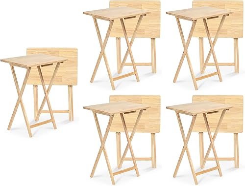 Miniatura 74 de PJ Wood Mesa rectangular plegable portátil para servir aperitivos, construcción de madera maciza con acabado natural (juego de 4 piezas)