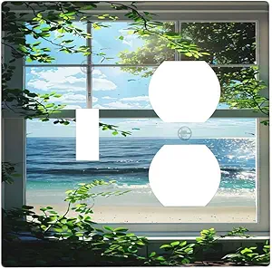 Decorative Outlet Covers Window Beach Seascape View Green Leaves 2 Gang Wall Plate Cover Single Toggle Duplex Combo Two Switch Light Switch Cover Plate Jumbo Dual GFCI Faceplate