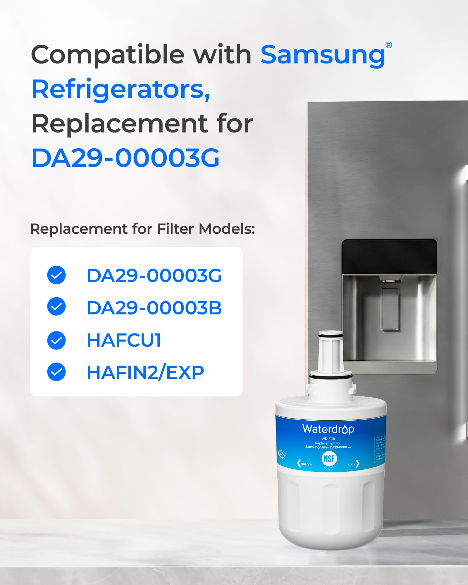 Waterdrop WD-F11B Filtre à Eau du Réfrigérateur,Remplacement pour Samsung® Aqua Pure Plus DA29-00003G DA29-00003B DA97-06317A DA61-00159A HAFCU1/XAA HAFIN2/EXP APP100 WF289, Forfait Peut Varier (2)
