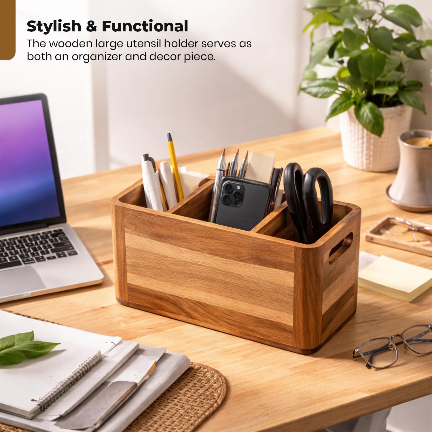 Wooden Caddy Utensil Holder - Premium Acacia Wood Utensil Caddy with Sturdy Design for Easy Organization - Perfect Kitchen Utensil Organizer for Counters, Dining Tables, and Everyday Use