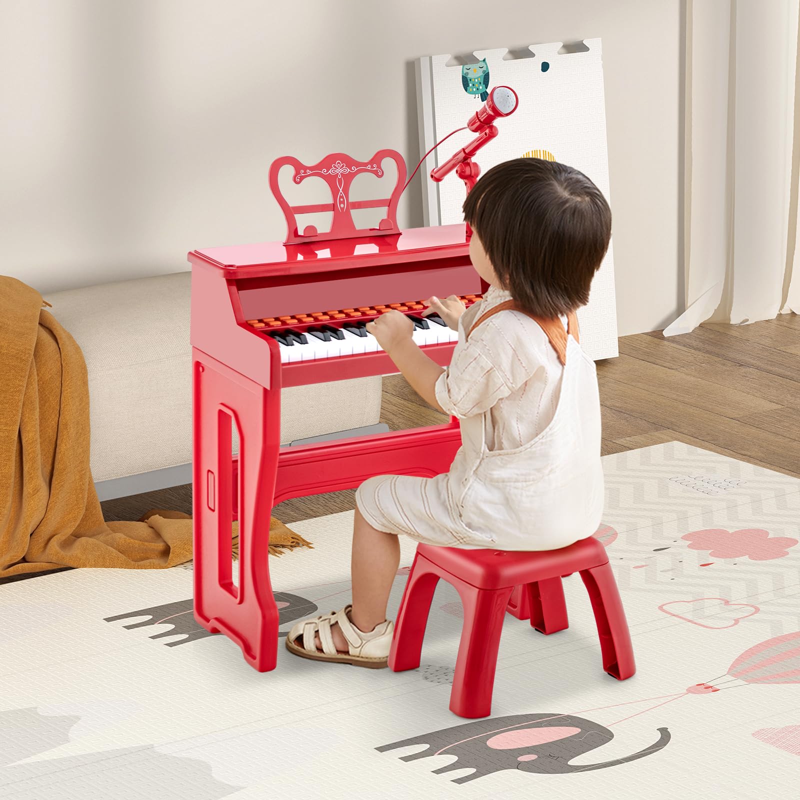 KOMFOTTEU Juego de Piano Infantil de 37 Teclas, Piano Electrónico con Atril Ajustable y Micrófono, Piano Teclado de Piano con Taburete, Teclado para Niños a Partir de 3 Años (Rojo)