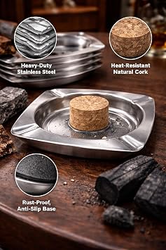 10 Pack Stainless Steel Pipe Ashtray with Cork Knocker, Square Metal Ash Tray for Pipe Smokers, Tap & Empty Pipe Bowl Cleaning Accessory, Tabletop Ash Catcher