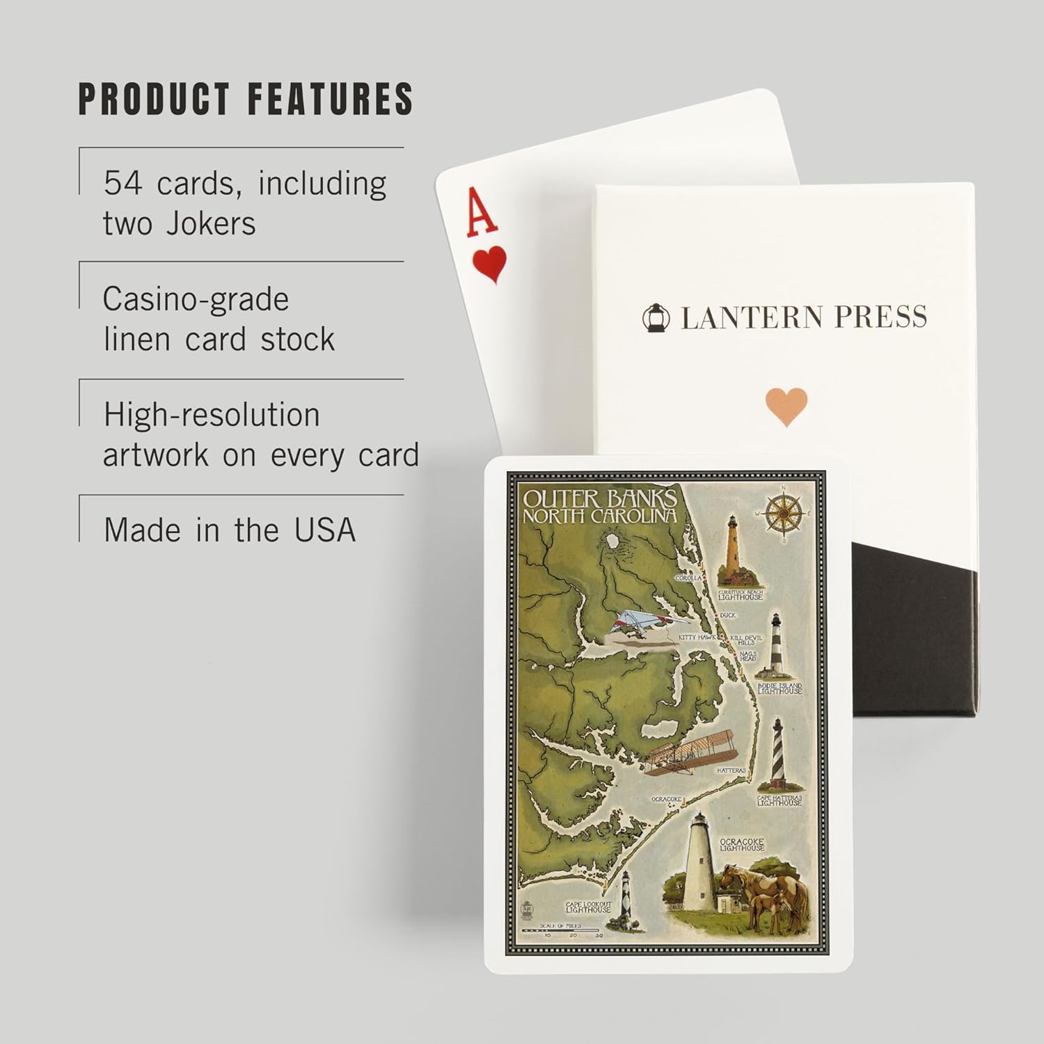 Lantern Press Outer Banks, North Carolina, Lighthouse and Town Map, 52 Playing Cards for Adults, Poker Size Card Deck