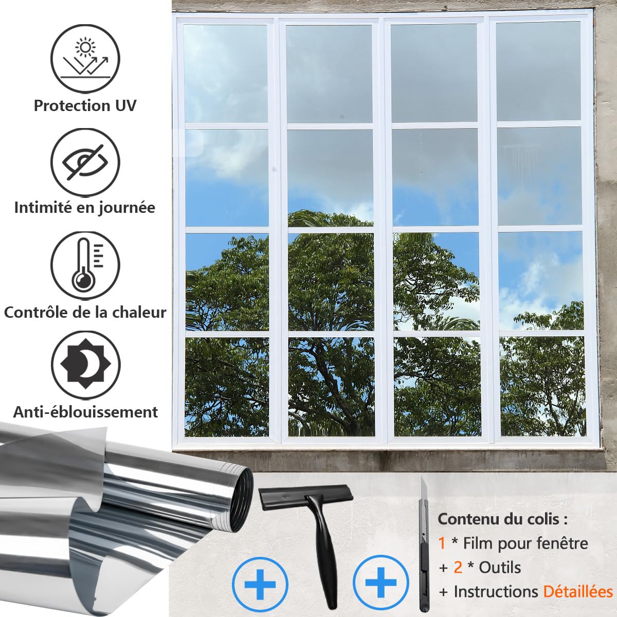 Zindoo Film Fenetre Anti Regard Film Anti Chaleur Bon Effet Miroir Anti UV | avec Kit de Pose 90x400cm Protection de la Vie Privée Protéger du Soleil pour Fenêtre Maison Bureau Magasin
