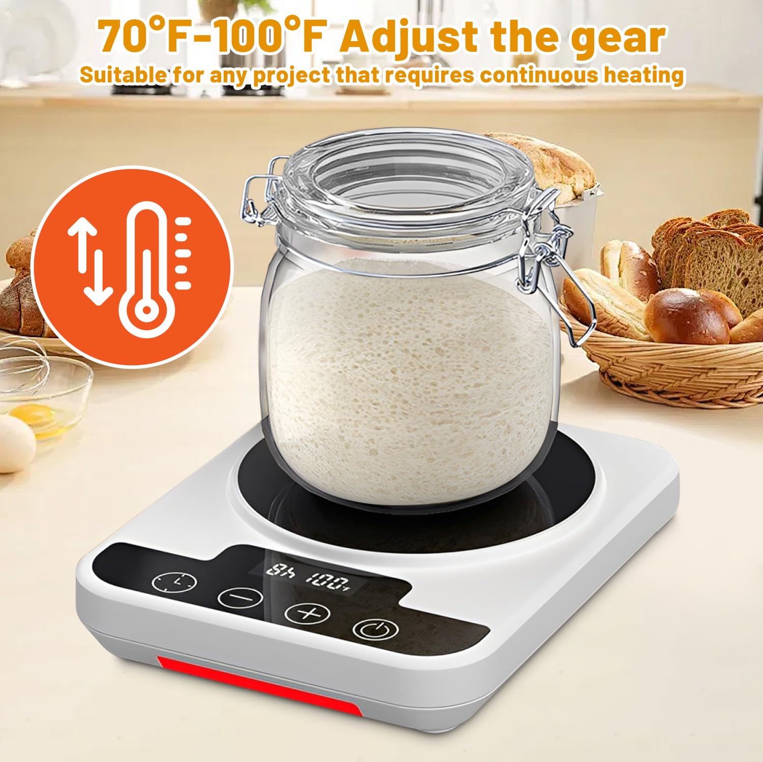 Chauffe-levain avec thermostat de précision (21-38 °C) et minuterie 12 h - Fonction marche/arrêt automatique avec mémoire - Parfait pour la cuisson à la maison et la fermentation au levain - Blanc