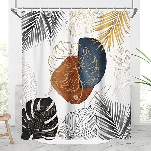 AAtter Cortina de ducha de hojas bohemias abstractas de color negro, dorado, azul marino, gris, blanco, marrón, hoja, floral, estética de mediados