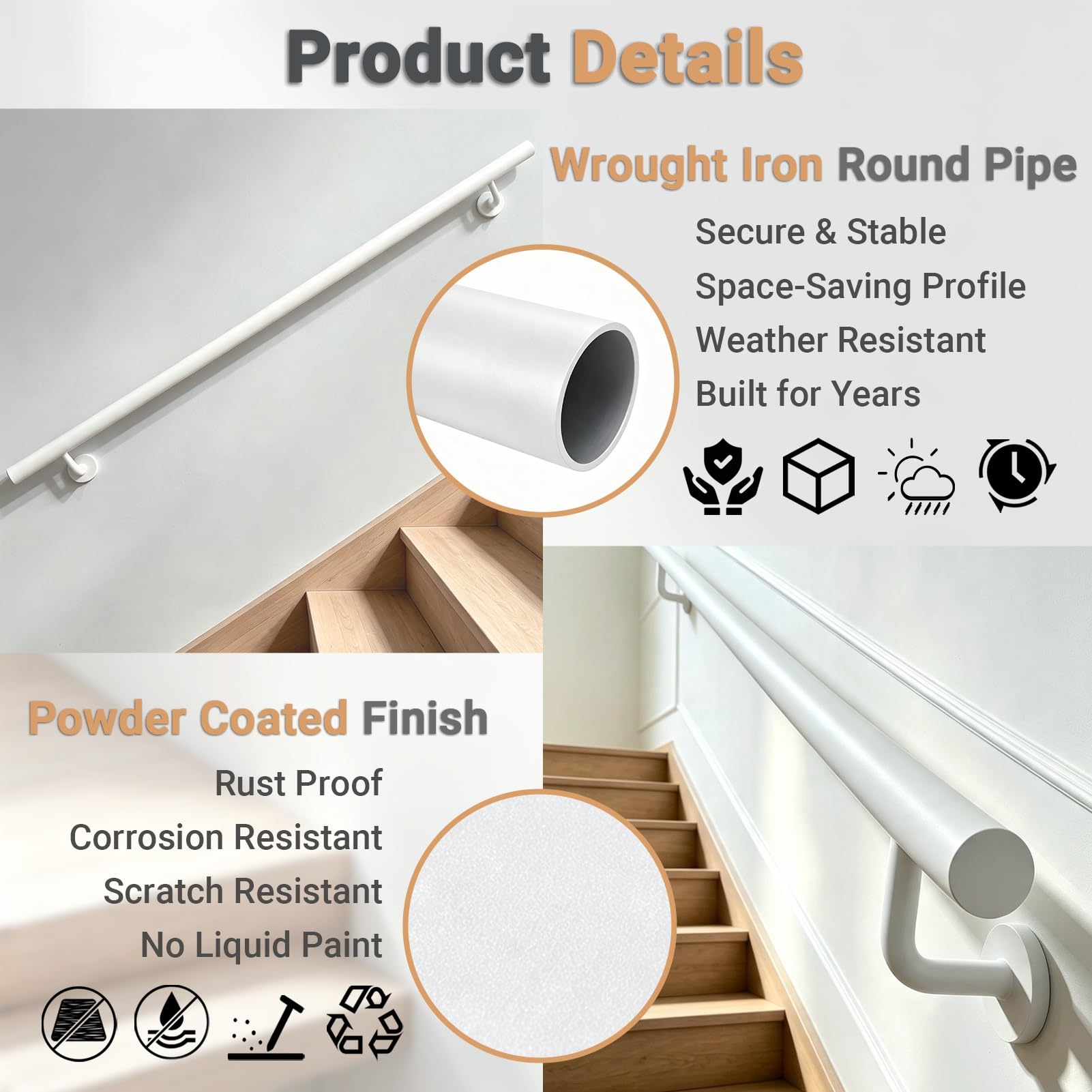 Moderne Handläufe für Treppen, Wand montierte Treppengeländer-Handläufe mit Beschlägen, rutschfeste runde Treppengeländer, Sicherheitsstützstange Außen Innen(250cm)