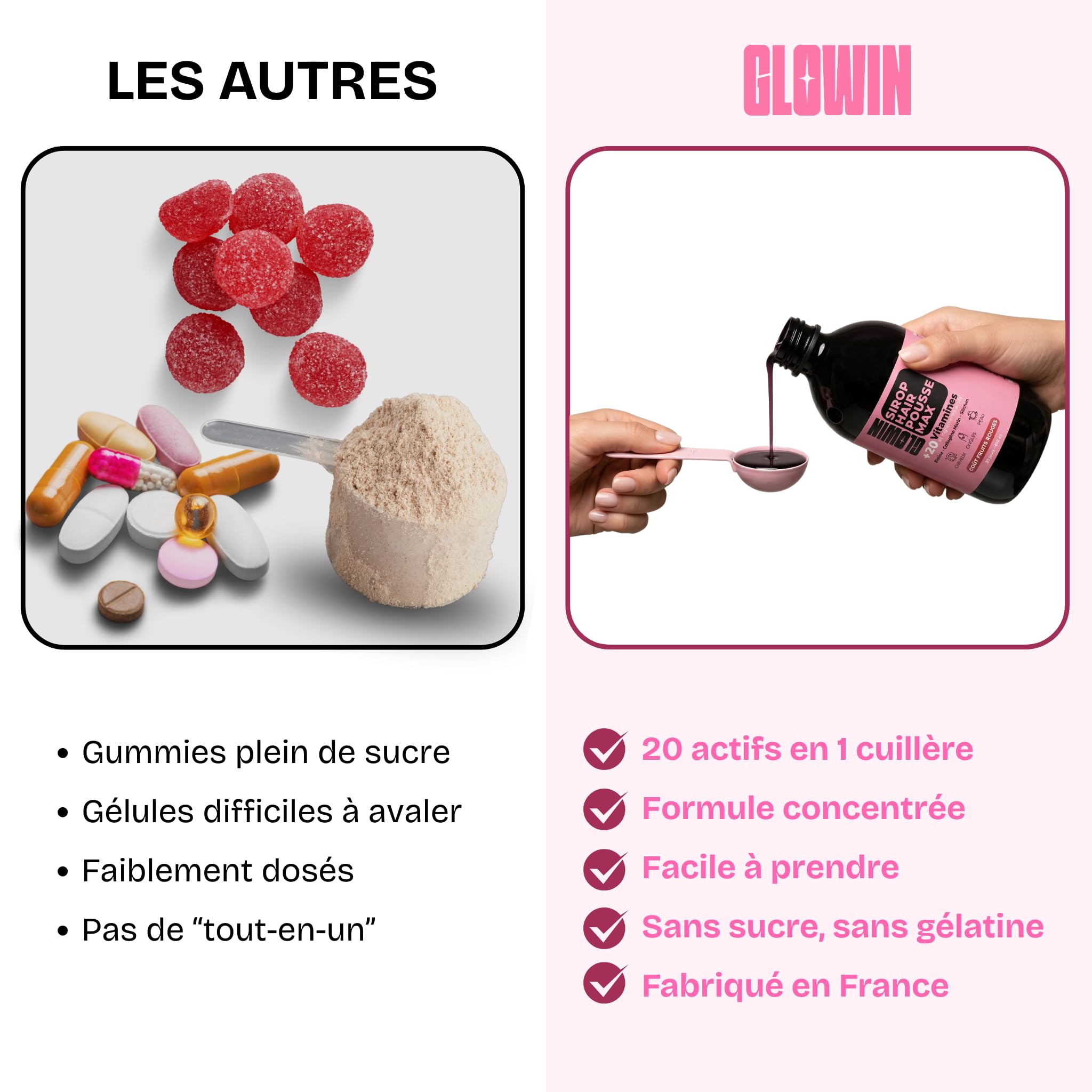 Glowin Sirop Hair Pousse Max - Complément alimentaire cheveux femme liquide - Biotine, Zinc, Sélénium, Collagène marin, Ortie, Courge, Saw Palmetto - Cheveux fins et cassants (Fruits Rouges)