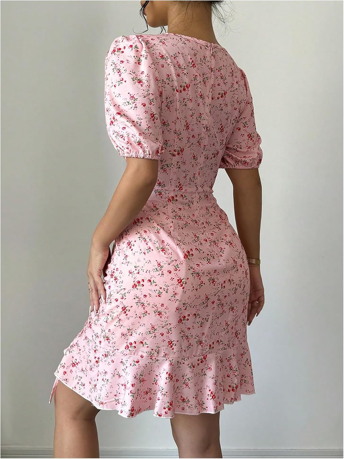 Floerns Women's Floral Square Neck Short Sleeve Boho Dress Drawstring Ruffle Hem Short Dresses - Image 3