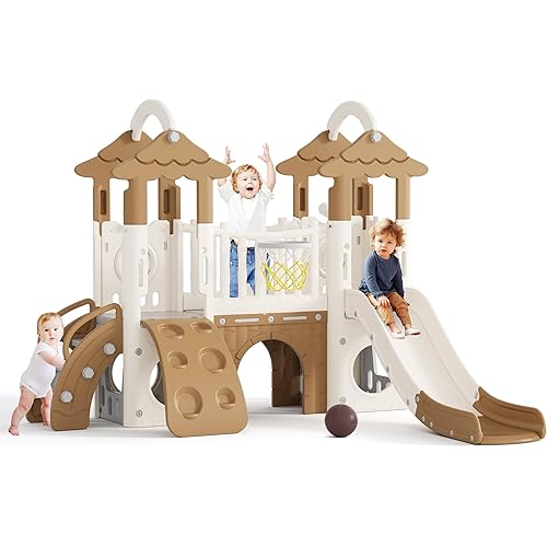 Glaf Toddler Slide 9 in 1 Jungle Slide Outdoor Playset for Toddlers Age 1+ Kids Baby Indoor Playground for Backyards with Climbing Wall Grassroof Basketball Hoop Telescopes and Storage Space (Brown)