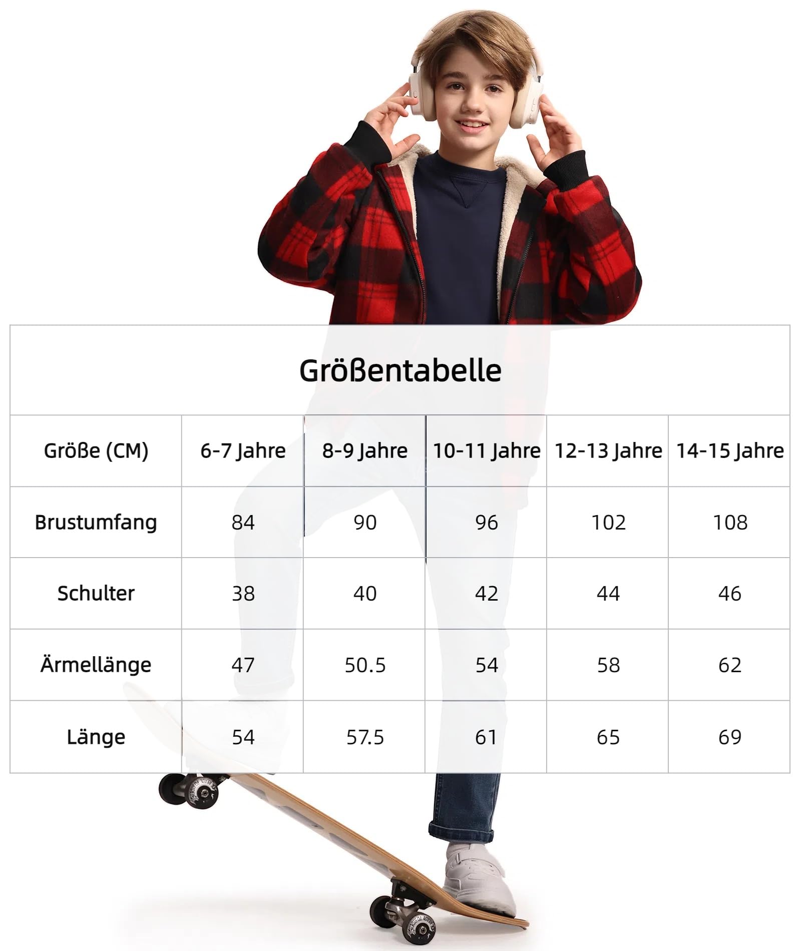 JACKETOWN Fleecejacke Kariert Kinder Sweatjacke Jungen mit Kapuze Gefüttert Kapuzenpullover mit Reißverschluss Winterjacke Dicke Warme Hoodie Jacket S-2XL