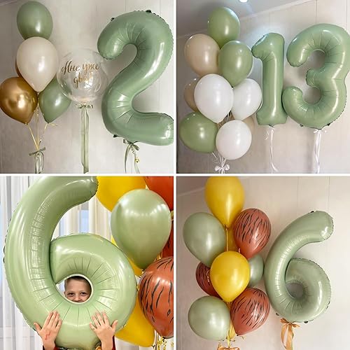 Miniatura 6 de Biapian Globos de 40 pulgadas color verde salvia con el número 60, globos grandes de aluminio con el número 6 y 0 con globo de corazón verde oliva