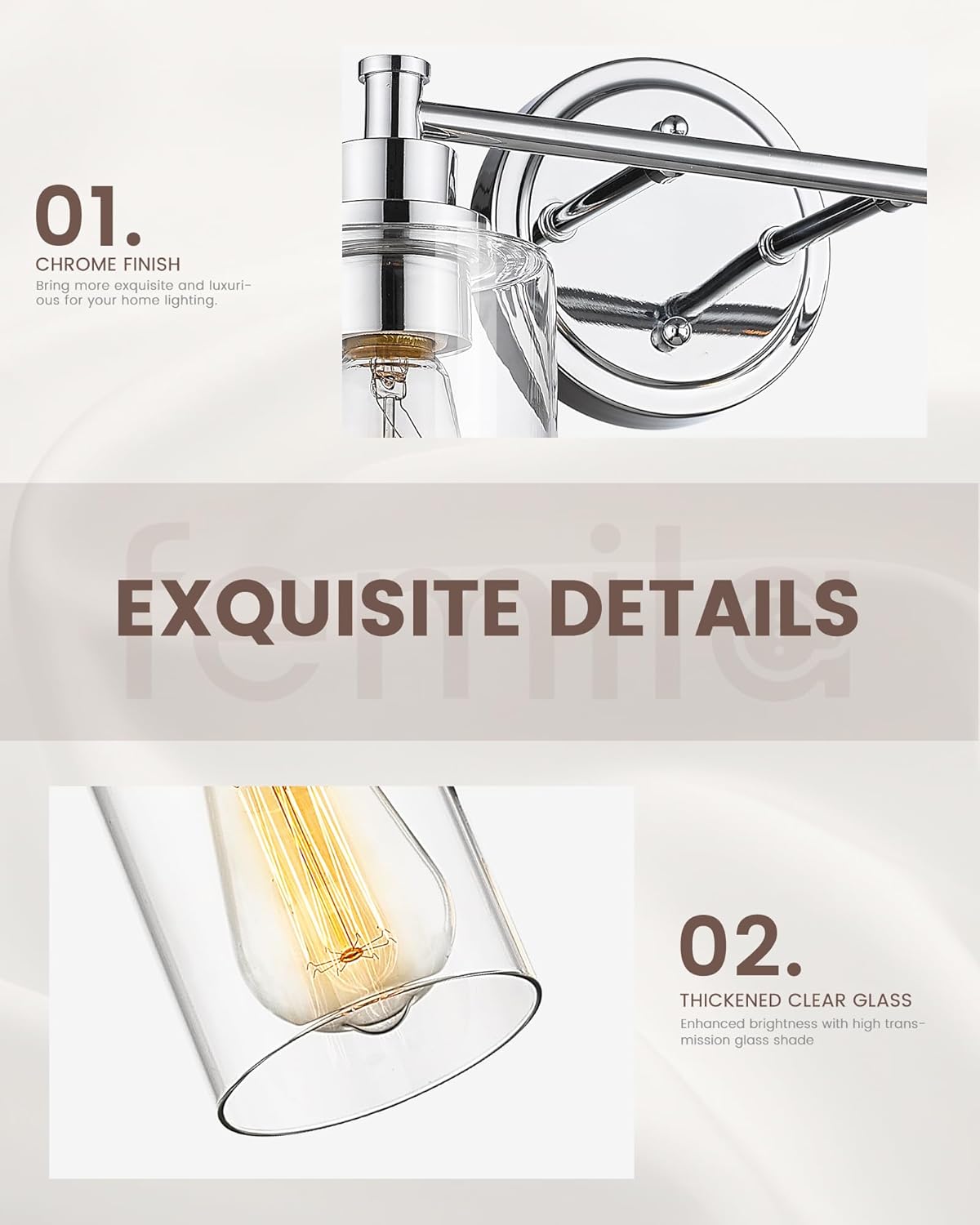 FEMILA Vanity Lighting Fixtures, Modern Bathroom Lights Over Mirror, Wall Lamp with Clear Glass Shade,Chrome Finish,4FYC56B-3W CH