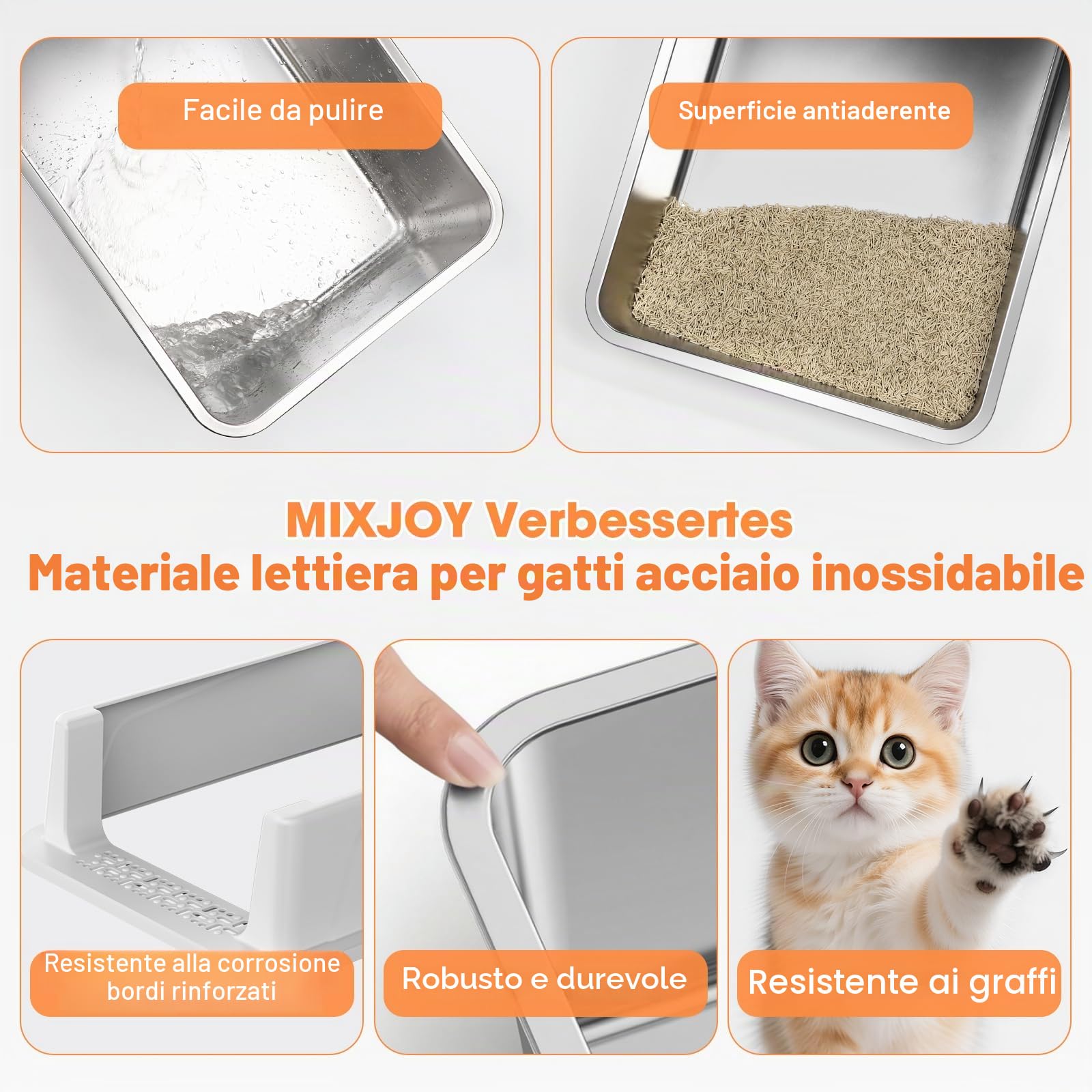 MIXJOY Lettiera per gatti in acciaio inox, 18 l, piccola per gattini, design aperto, bordo alto, a prova di perdite, salvaspazio, con paletta, 44 x 34 x 21 cm