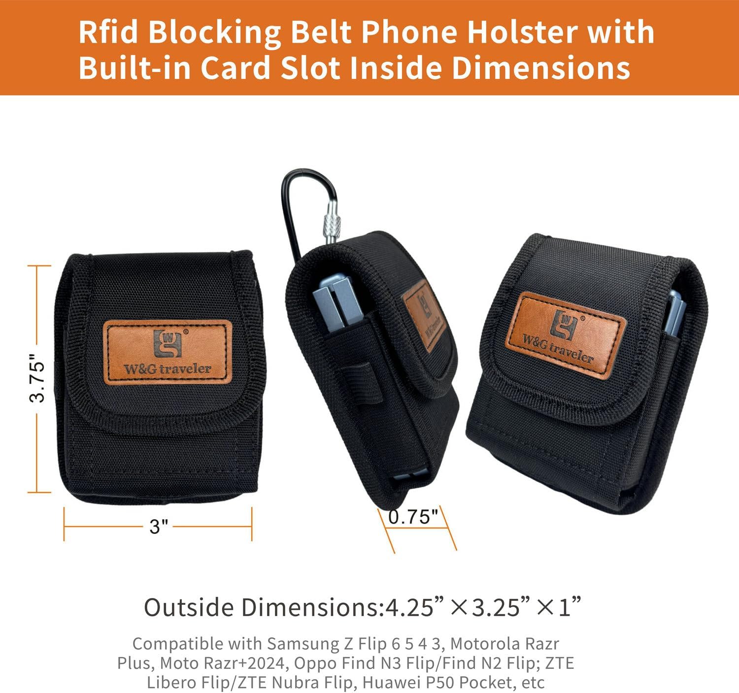 W&G Traveler Heavy Duty Phone Holster for Samsung Galaxy Z Flip 7 6 5 4 3 FE, Rugged 1000D Nylon Belt Case Pouch for Motorola Razr+ 2025 2024 2023, Razr 50 Ultra, Oppo Find N3 Flip, Z Flip Belt Holder - Image 2