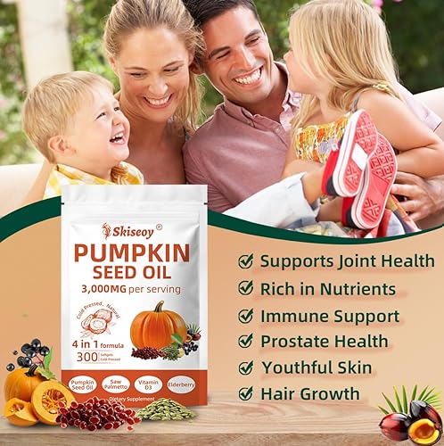 Miniatura 5 de Aceite de semilla de calabaza con palma enana americana, 300 cápsulas blandas  Vitamina D3 4 en 1 y baya de saúco, 3000 mg de aceite virgen puro