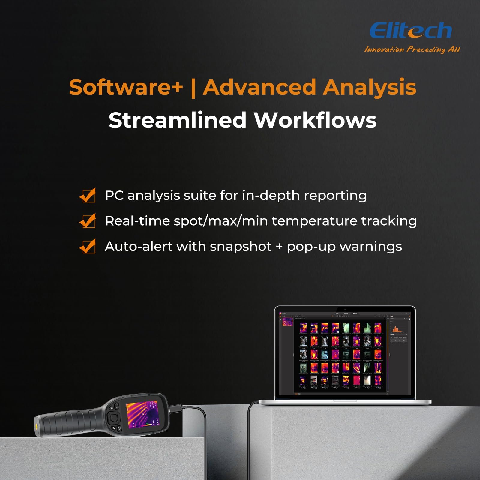 Elitech Telecamera termica 256 x 192 risoluzione IR, frequenza di aggiornamento 25 Hz, fotocamera 2 MP, display LCD da 3,5", IP54, impermeabile e antipolvere, USB-C, da -20 °C a 550 °C, per
