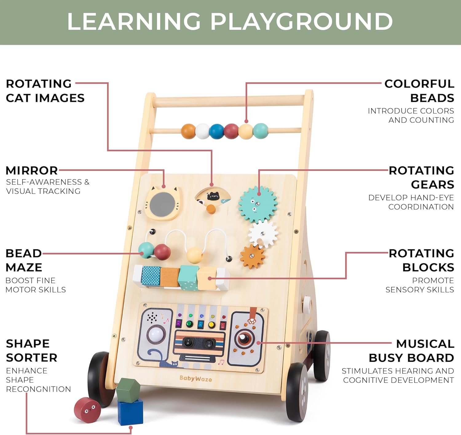 Baby Wooden Push Walker with Musical Busy Board | Montessori Activity Learning Toy with Adjustable Speed, Music, Shape Sorter, Gear Wheels & Bead Maze | Toddler Push Toy for Boys & Girls