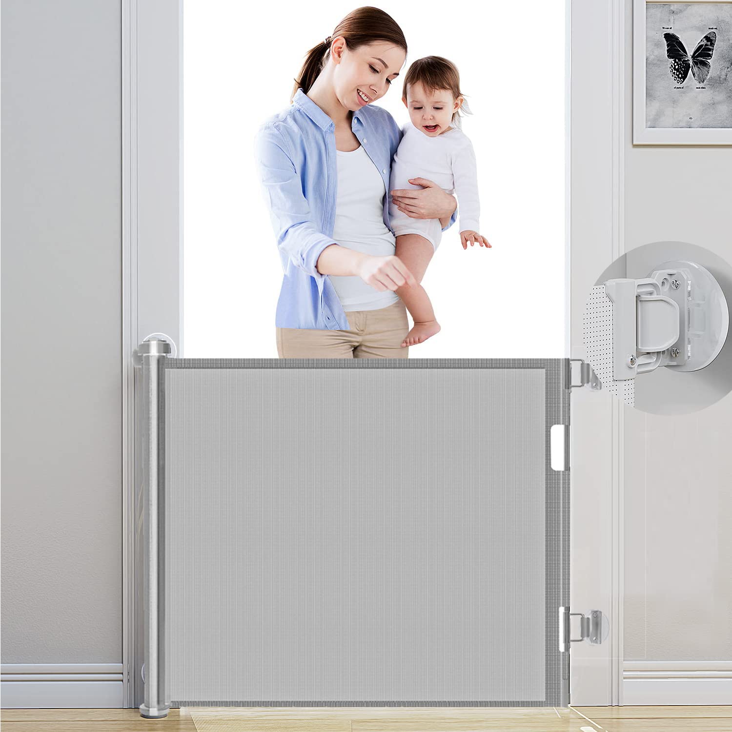 Retractable Baby Gate, Baby Gate for Smooth Wall No Drilling, Adjustable Width and Height, Pet Gate for Doorway, Staircase, Indoor, Outdoor (Grey 59" x 34")