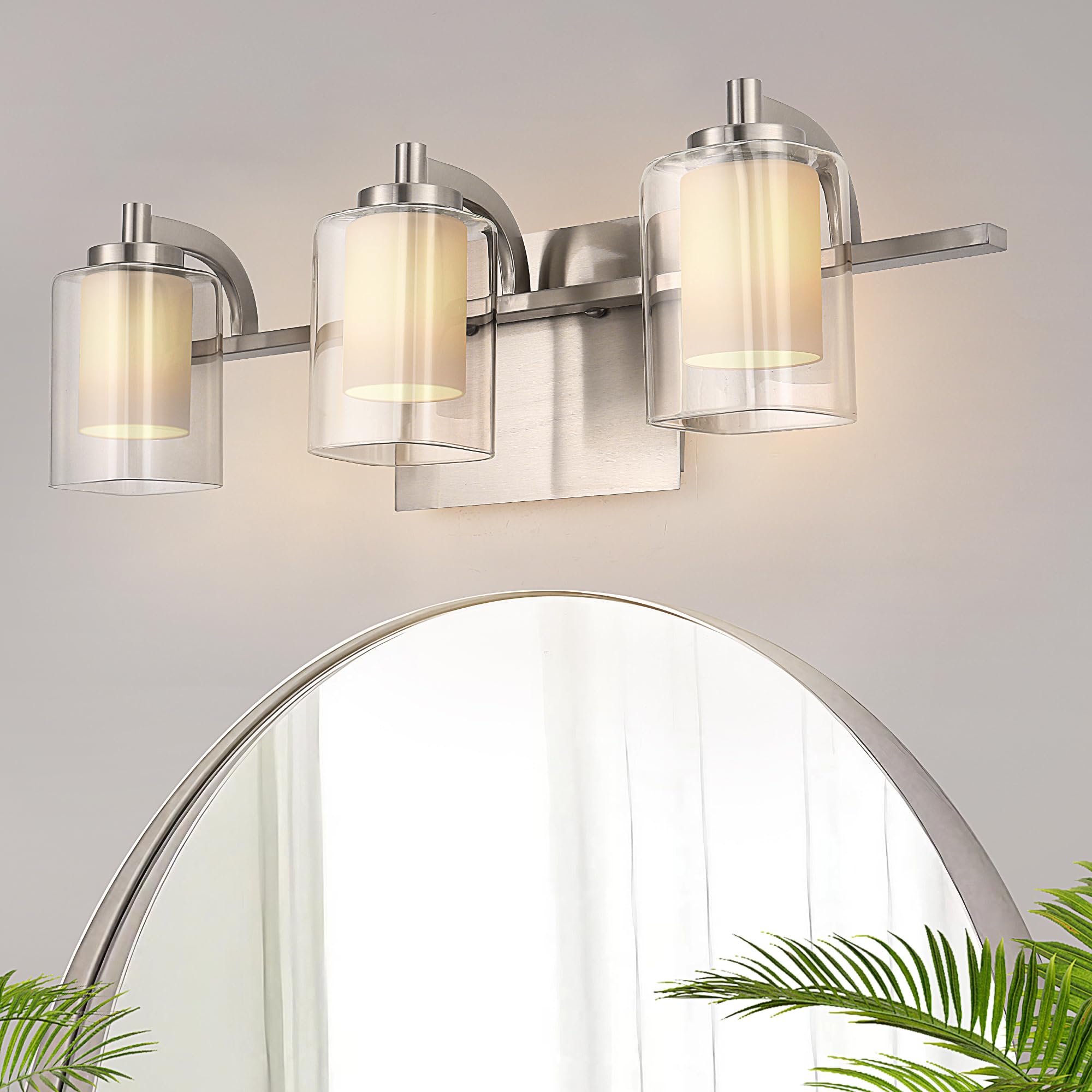 DORESshop 3-Light Brushed Nickel Bathroom Light Fixtures with Clear Glass Shades and Milk Glass, Modern Vanity Lights for Bathroom, Mirror, Living Room, Bedroom