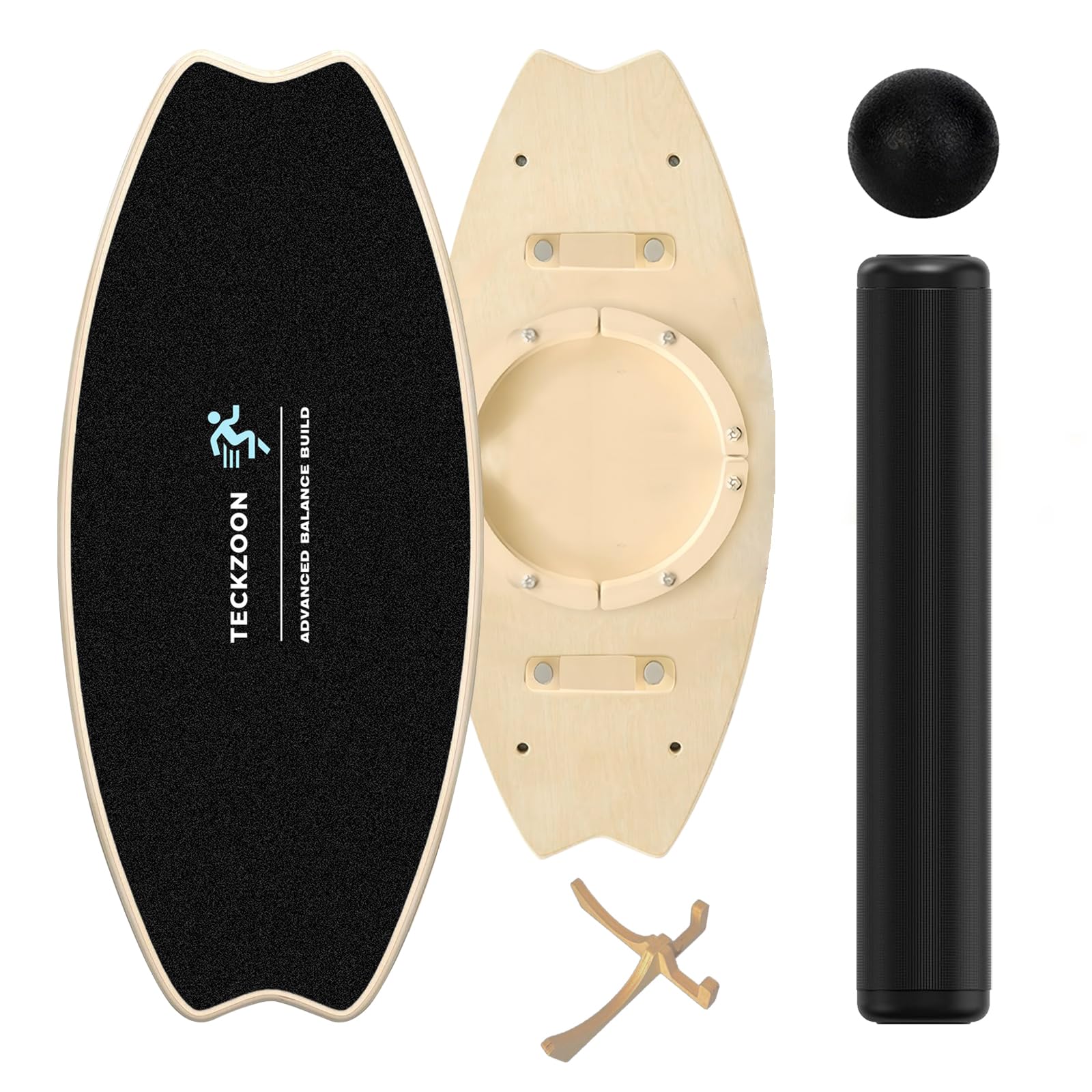 TECKZOON Wooden Balance Board, Professional Balance Board with Roller, Balance Ball, Stand, Multifunctional Indoor Skateboard & Surf Board for Beginners, Trickboard for Fitness, Yoga & Rehabilitation