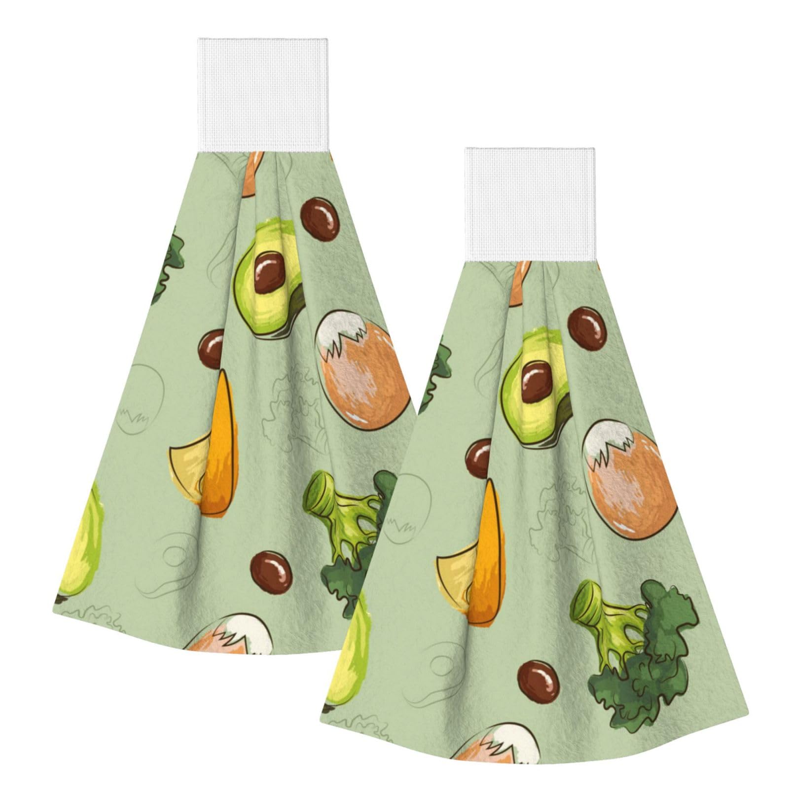 DOPKLNA Doodle Broccoli Cheese Avocado, 2 Pcs Hanging Coral Fiber Hand Towels for Bathroom, Absorbent Kitchen Towels
