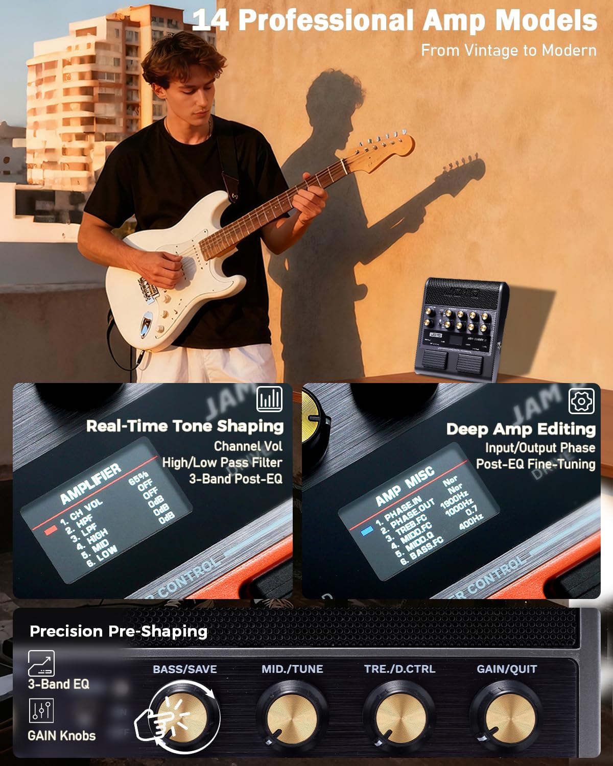JOYO Amplificatore Combo Chitarra 10W Portatile con Pedale Multieffetti - 14 Modelli di Amplificatore, EQ 3 Bande, 36 Ritmi & Looper, Registrazione OTG, Bluetooth (Jam Buddy II, Nero)