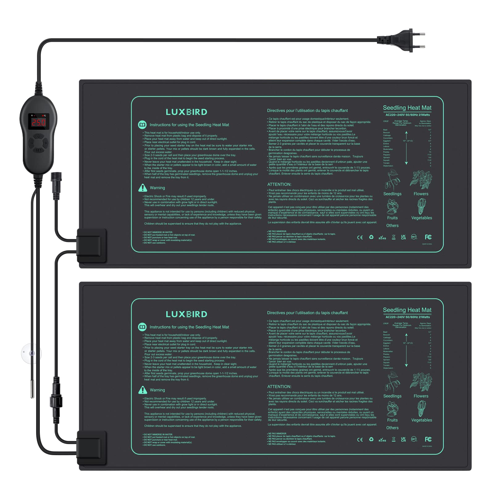 Luxbird Alfombra Térmica con Termostatos para Plantas, 2 Alfombra calefactora con 1 Controlador, 30W, Impermeable IP67, para Germinación Invernaderos y Reptiles, 52,7 x 25,4 cm