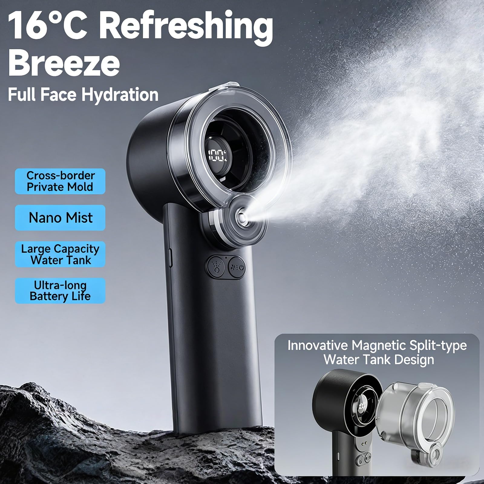 Ventilateur de refroidissement portable à 5 vitesses avec brumisation rechargeable pour voyage, camping, voyage